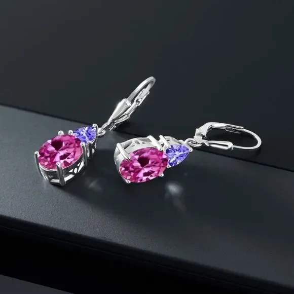 925 Sterling Silver with 7.30 Cttw Pink Sapphire and Tanzanite Drop Earrings